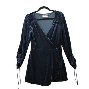 Urban Outfitters Velvet Faux Wrap Romper Mini Dress M Blue V-Neck Long Sleeve